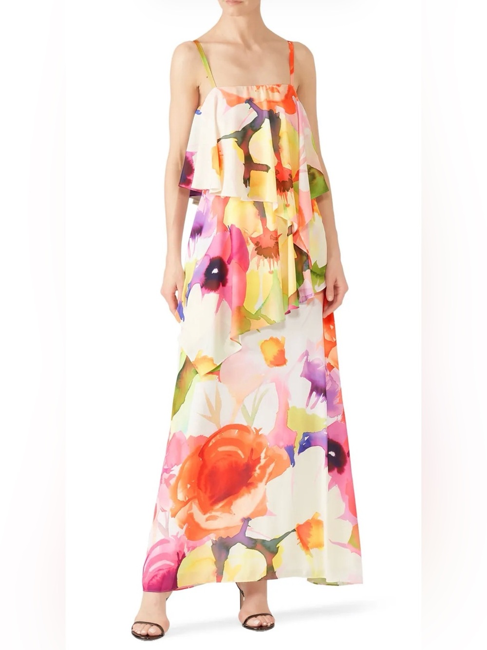 Josie Natori Eden Floral Watercolor Tiered Maxi Dress - 14 M L
